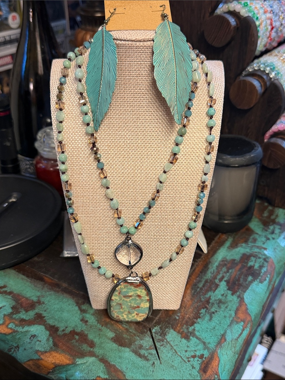 Mint-Tone Beaded Layered Necklace with Leaf Pendant